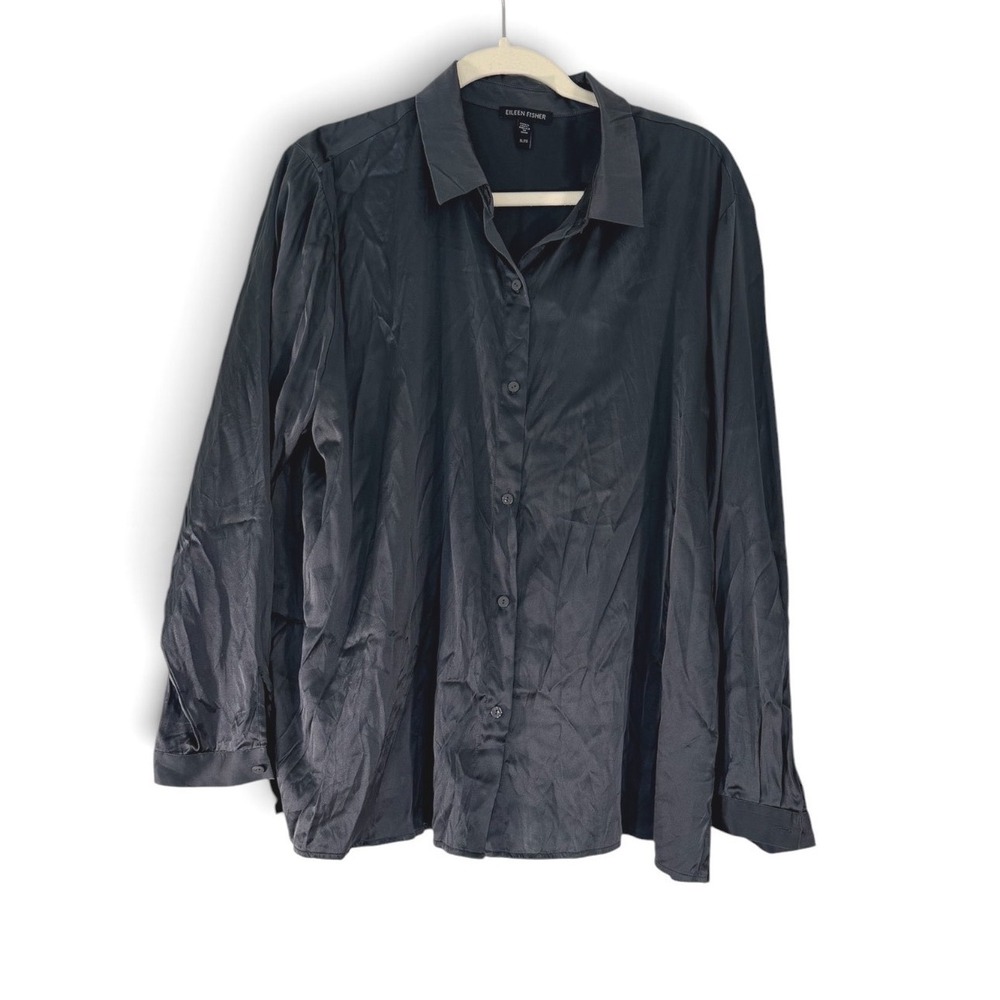 Eileen Fisher Stretch Silk Charmeuse Button Down Shirt Blouse Charcoal Gray XL